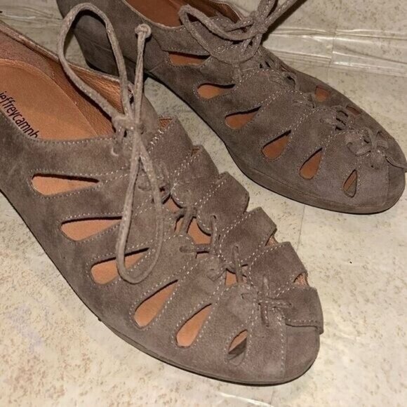 Jeffrey Campbell Tan Suede Spirit Lace Up Lasercut Block Heeled Shoes Size 8.5 - Picture 6 of 9